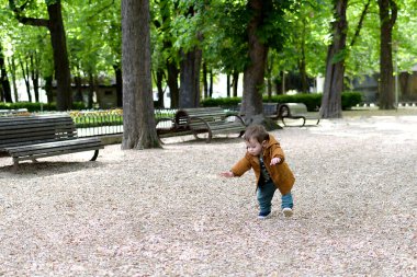 Bir buçuk yaşında bir bebek, gevşek bir taş zeminle parkta ilk adımlarını atıyor ve yürümeyi öğreniyor.