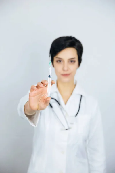 Female Doctor Syringe Isolated White Background Medicine Health Care Concept Stock Image