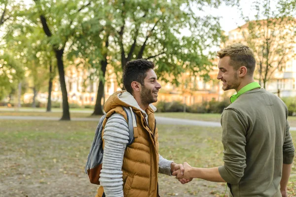 Dos Jóvenes Guapos Estrechándose Mano Después Verse Después Mucho Tiempo — Foto de Stock