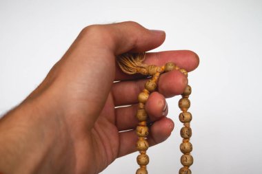 Hand meditation on Japa Mala Tulsi wooden Beads clipart