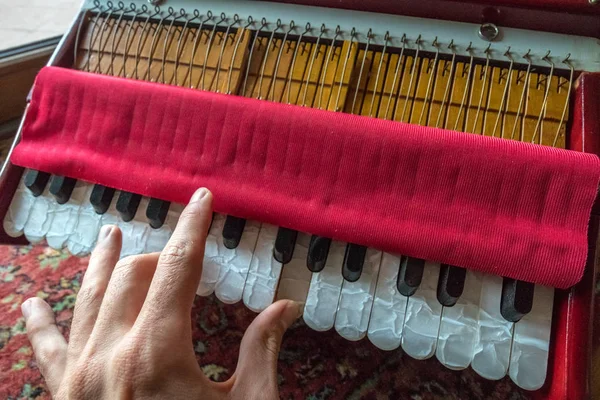 Seyahat Harmonium Hint enstrüman anahtarları oynarken el