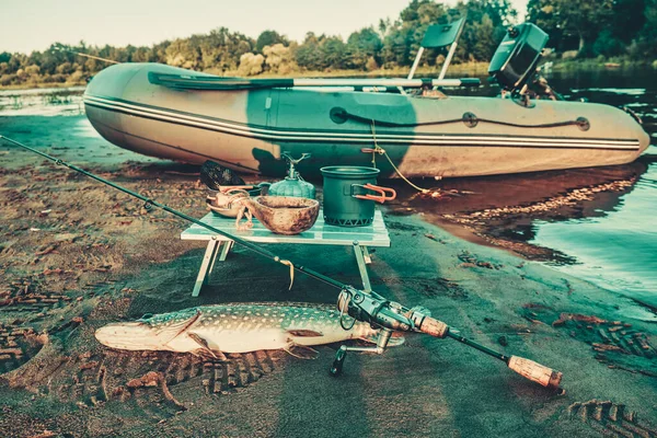 Pesca Barco Inflável Almoço Praia — Fotografia de Stock