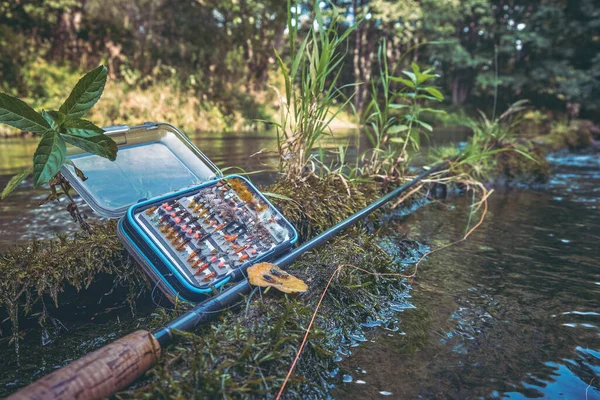 Caixa Com Moscas Pesca Com Mosca — Fotografia de Stock