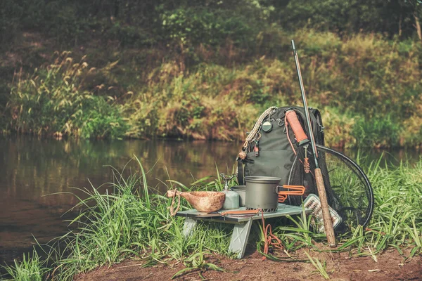 Mochila Caña Pescar Río Aparatos Pesca — Foto de Stock