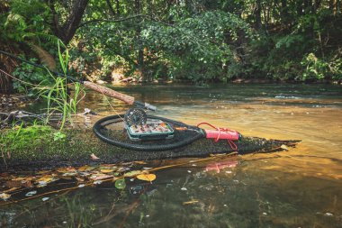 Güzel bir sonbahar deresinde balık tutmak.