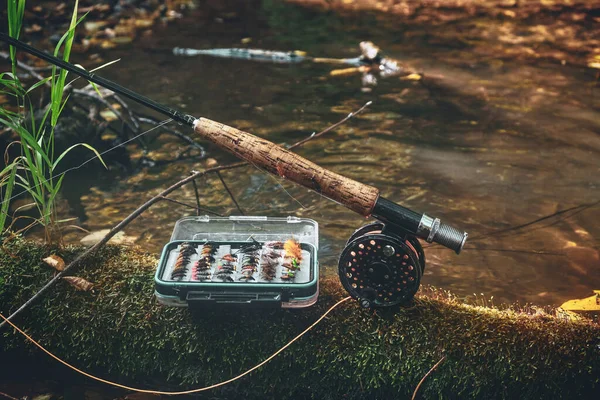 Fly Rod Fly Box Sulla Riva Del Torrente — Foto Stock