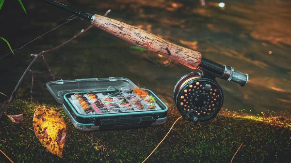 Fly Rod Fly Box Sulla Riva Del Torrente — Foto Stock