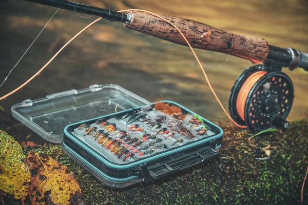 Fly Rod Fly Box Sulla Riva Del Torrente — Foto Stock