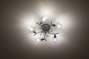 İçinde LED ampuller bulunan beş gölgeli metal tavan avizesi. Ekonomik ev ışıklandırması. Enerji tasarrufu kavramı.