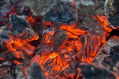 Alevler yakacak odunları yakar ve külleri dönüştürür. Yakın, sığ alan derinliği. Büyük bir fırında yak. Ateşin doğal dokusu. Alevler alev alev yanan odunları yakıyor..