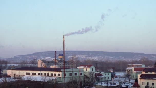 Luftförorening från industrianläggningar. Stor anläggning på bakgrund av staden. Rör kasta rök i himlen — Stockvideo