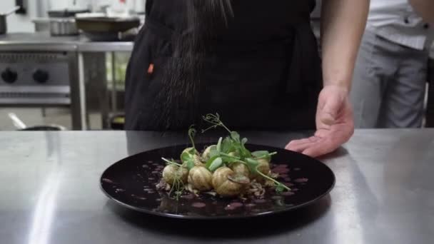 Κοντινό πλάνο της σεφ βάζοντας το πιάτο με σαλιγκάρια. γκουρμέ γεύμα στην κουζίνα — Αρχείο Βίντεο