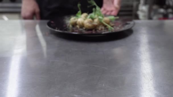 Zbliżenie na szefa kuchni, kładąc płytkę z ślimaki. wyśmienity posiłek w kuchni — Wideo stockowe