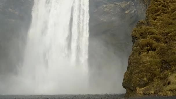 İzlanda'da Skogafoss şelalesu su perdesi duvar olarak düşen su. — Stok video