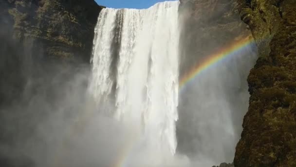 Catarata islandesa Skogafoss con arco iris — Vídeo de stock