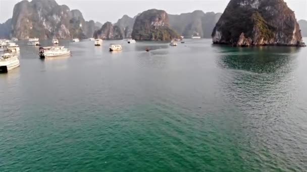 Lan Ha Bay, Quang Ninh Eyaleti, Vietnam. balıkçı tekneleri ile meşgul balıkçı limanı. drone çekim. havadan görünüm — Stok video