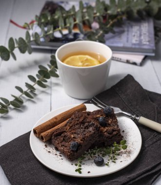 Hygge çay rahat ev sonbahar brownie düz rustik yatıyordu 