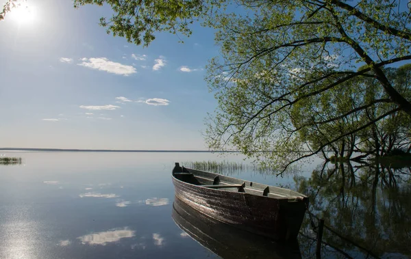 Boot Zon Lake Zomer Zonsondergang Geel Zonlicht Zonsondergang Zomervakantie Breed — Stockfoto