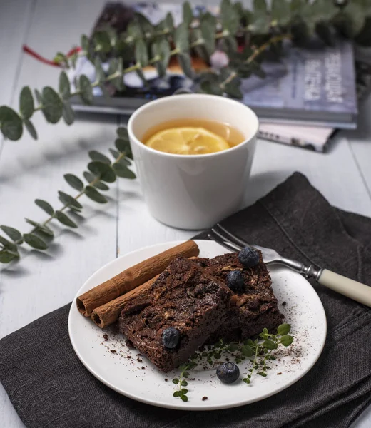 Hygge Tea Cozy Home Autumn Brownie Flat Lay Rustic — Stock Photo, Image