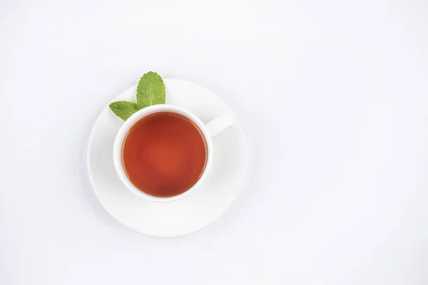 White Cup Black Tea Leaves Mint Isolated Top View Copy — Stock Photo, Image