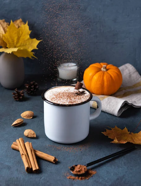Spice coffee latte on white mug with pumpkin, cinammon and nut o — Stock Photo, Image