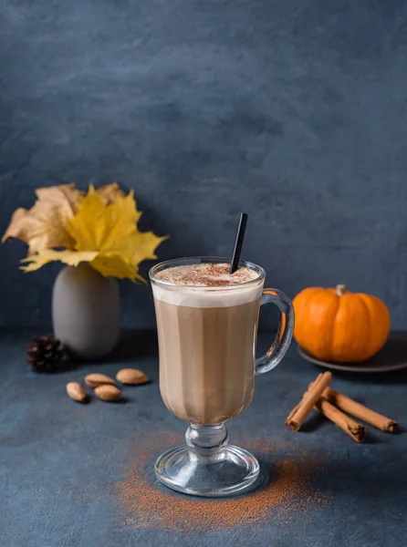 Gewürzkaffee-Latte auf Glas mit Kürbis, Cinammon und Nuss — Stockfoto