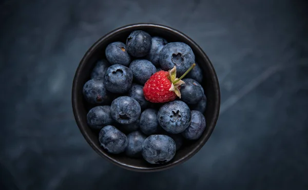 Fresh Blueberry Bowl Raspberry Dark Background Top View Close Copy — Stock Photo, Image