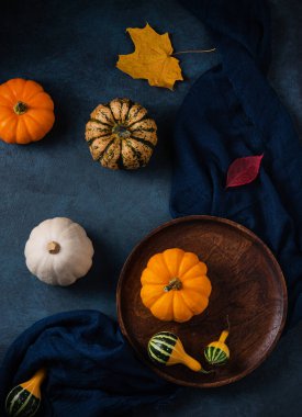  Kahverengi ahşap tabakta dekoratif balkabakları ve peçeteli karanlık bir masa. Sonbahar havası ve üst görünüm