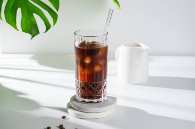 Hafif arka planda buzlu soğuk kahve bardağında kahve çekirdekleri, dev çiçek yaprakları, süt sürahisi ve sabah gölgesi. Reklam menüsü kafe için yaz ferahlatıcı moda içecek konsepti. Ön görünüm, boşluğu kopyala.