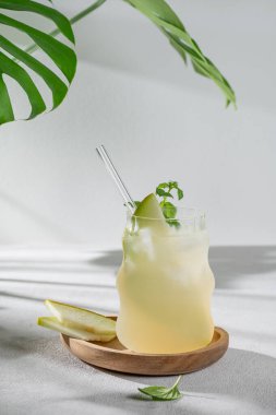 Limonata ya da mojitoyu kavun, kamış ve naneli bardakta taze meyve, canavar yaprağı ve güneş ışığıyla hafif bir arka planda, tahta bir tabakta tazelemek. Yaz ferahlatıcı içecek konsepti. Ön görünüm, boşluğu kopyala.