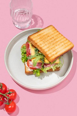 Pastırmalı, peynirli, domatesli, marullu, roka soslu ve pembe arka planda bir tabakta bir tost ekmeği, bir bardak suyla. Menü kafenin reklam afişi için sağlıklı ve besleyici kahvaltı konsepti. Üst görünüm.