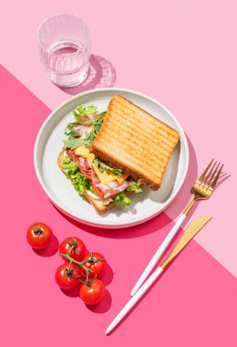 Pastırmalı, peynirli, domatesli, marullu, roka soslu ve pembe arka planda bir tabakta bir tost ekmeği, bir bardak suyla. Menü kafenin reklam afişi için sağlıklı ve besleyici kahvaltı konsepti. Üst görünüm.