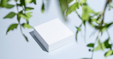 Gölgeli ve yeşil yapraklı mavi arka planda beyaz kare kutular. Minimalist ambalaj konsepti ya da ürün reklamları için maket. Üst görünüm, alanı kopyala.