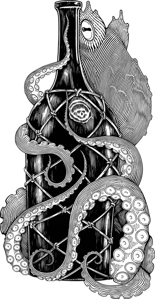Black White Drawing Octopus Bottle Engraving Imitation — Stock Vector