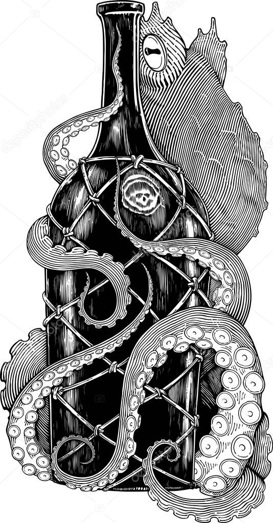 Black and white drawing of octopus with bottle (engraving imitation)