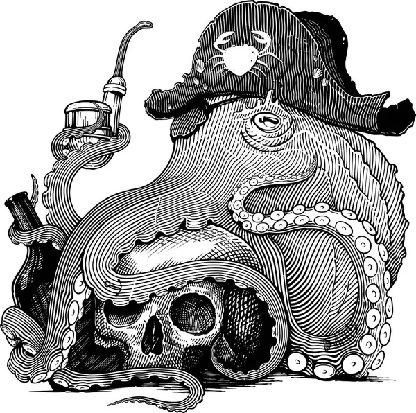 Zwart Wit Vector Tekening Van Een Octopus Pirate Hoed Met — Stockvector