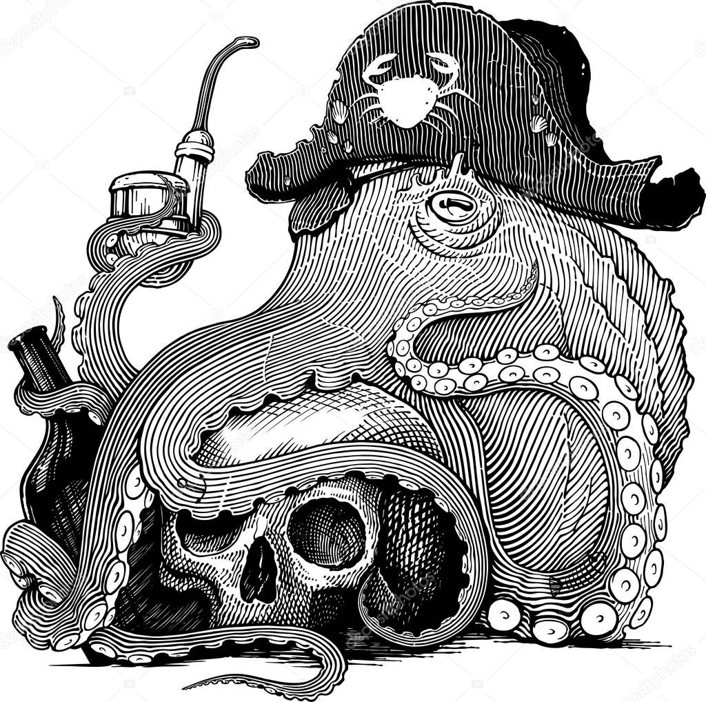 Black and white vector drawing of an octopus in pirate's hat with skull, bottle and smoking pipe (woodcut style)