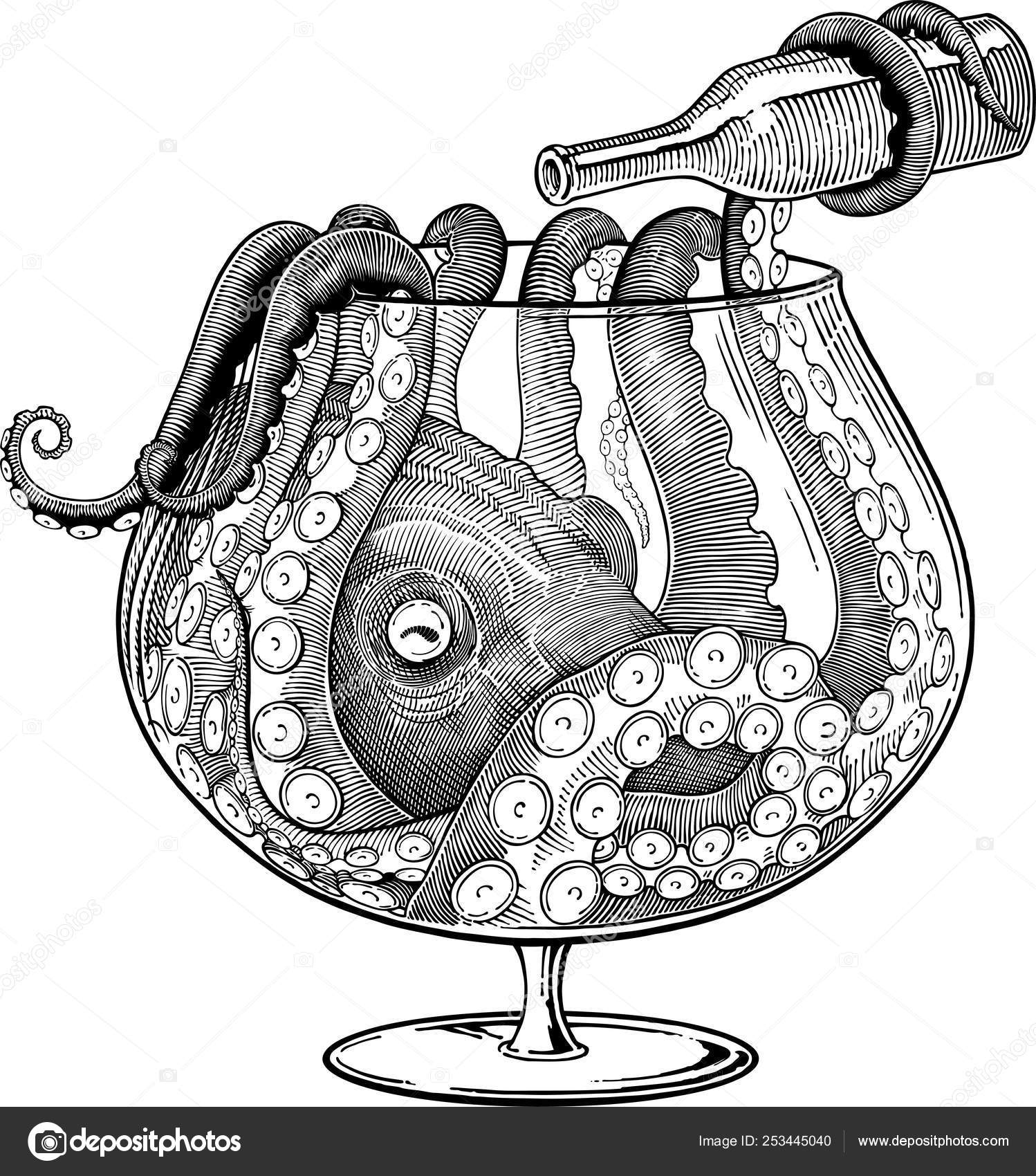Black White Vector Drawing Octopus Bottle Sitting Big Glass Stock Vector  Image by ©kirill13 #253445040
