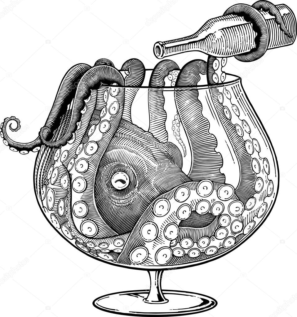 Black and white vector drawing of octopus with bottle sitting in a big glass