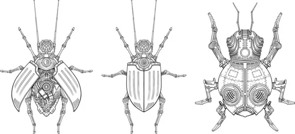 Vector Drawings Mechanical Beetles — Stock Vector