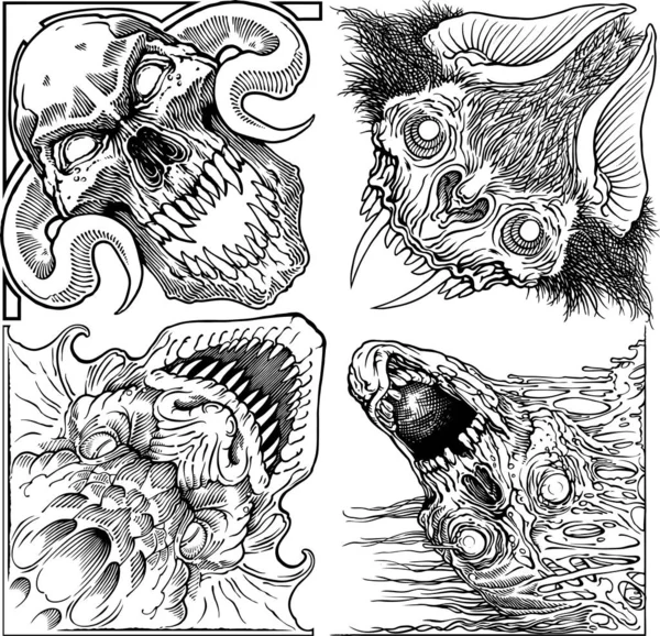 Black White Vector Freehand Drawing Monsters Decorations Borders — Stock Vector