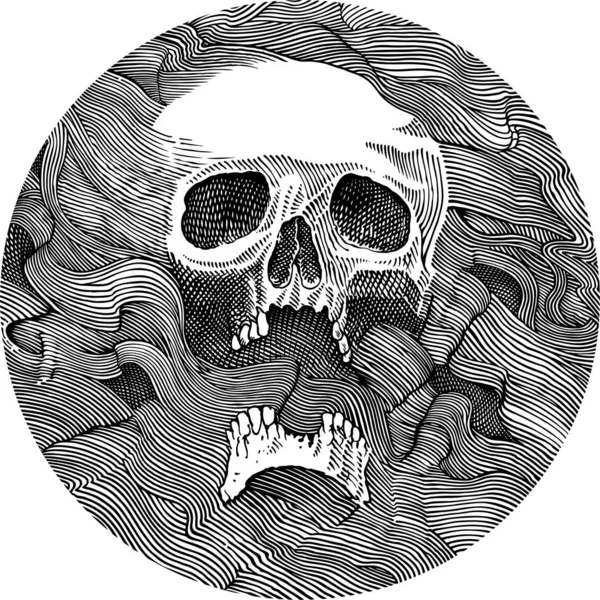 Çizgiler Arasından Görünen Insan Kafatasının Siyah Beyaz Vektör Çizimi — Stok Vektör