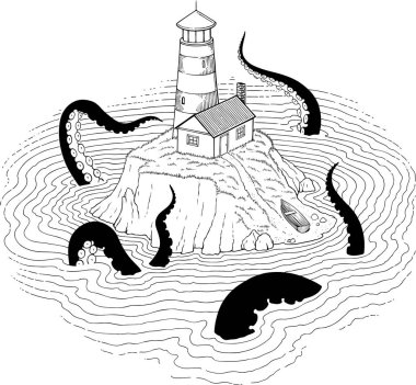 Deniz fenerine yapılan ani ziyaretin siyah-beyaz çizimi