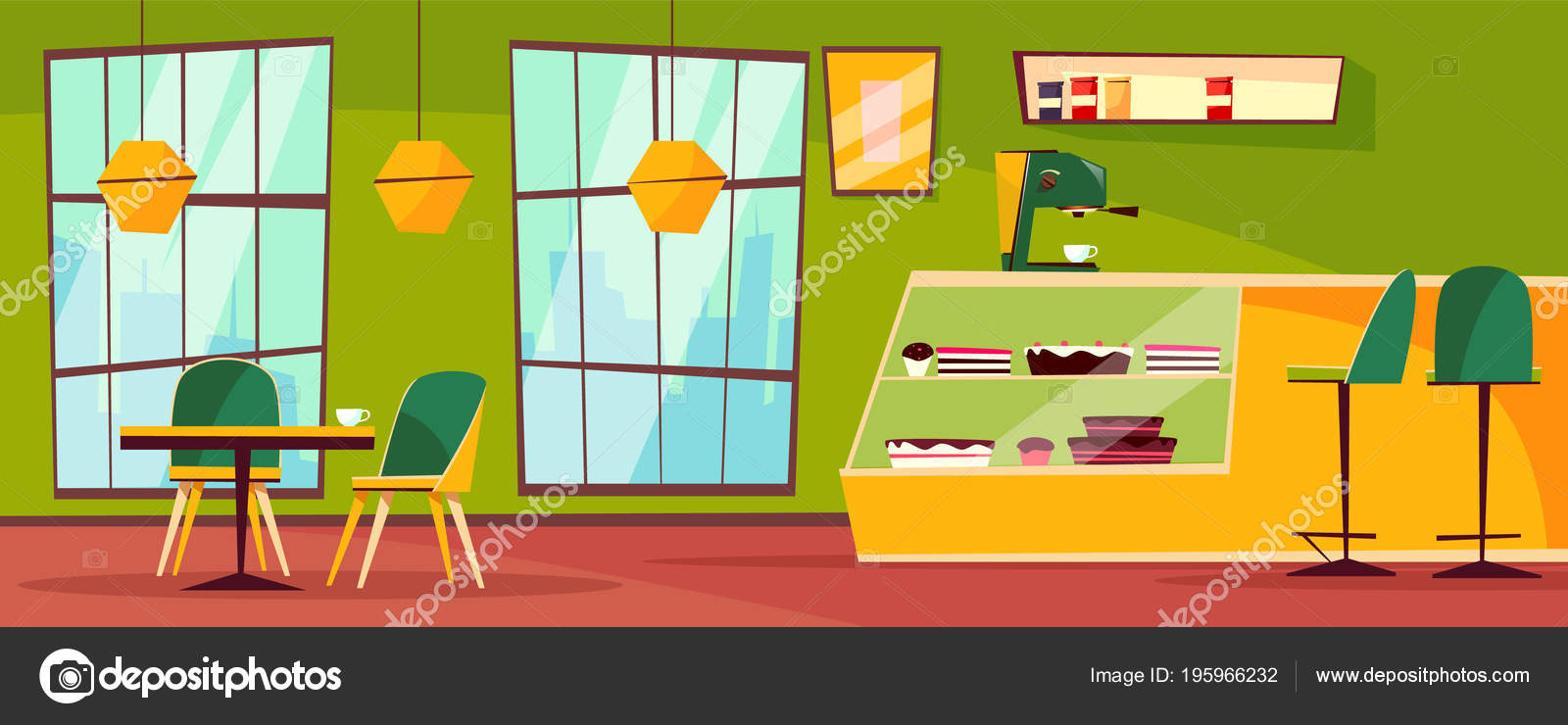 Cafe or cafeteria interior vector cartoon illustration Stock Vector Image  by ©vectorpouch #195966232