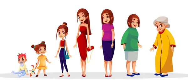 Edad mujer etapas vector ilustración de dibujos animados — Vector de stock