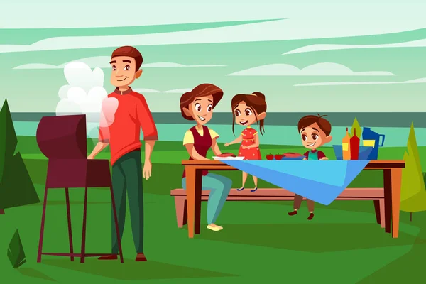 Family barbecue picnic vector cartoon illustration — Stock Vector