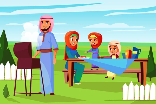 Arabský rodiny barbecue piknik vektorové ilustrace — Stockový vektor