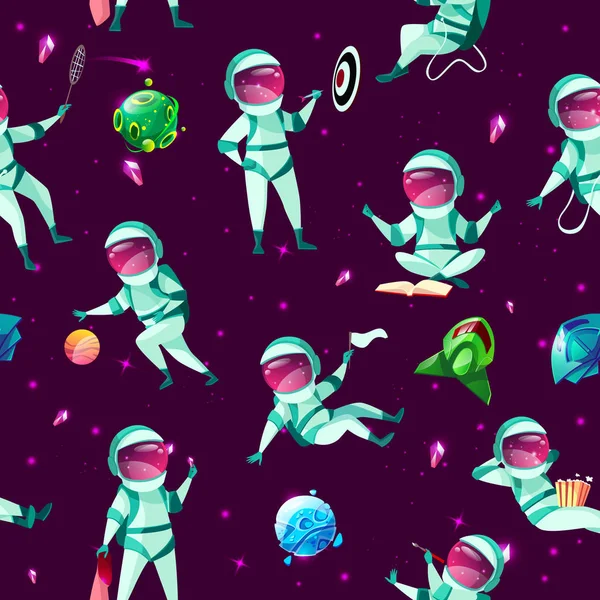 Vecteur dessin animé astronautes cosmique sans couture modèle — Image vectorielle