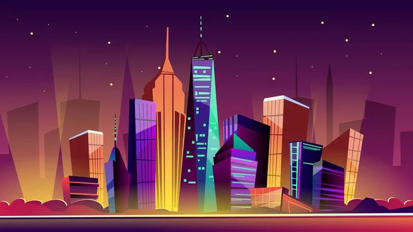 Nueva York noche paisaje urbano vector de dibujos animados ilustración — Vector de stock