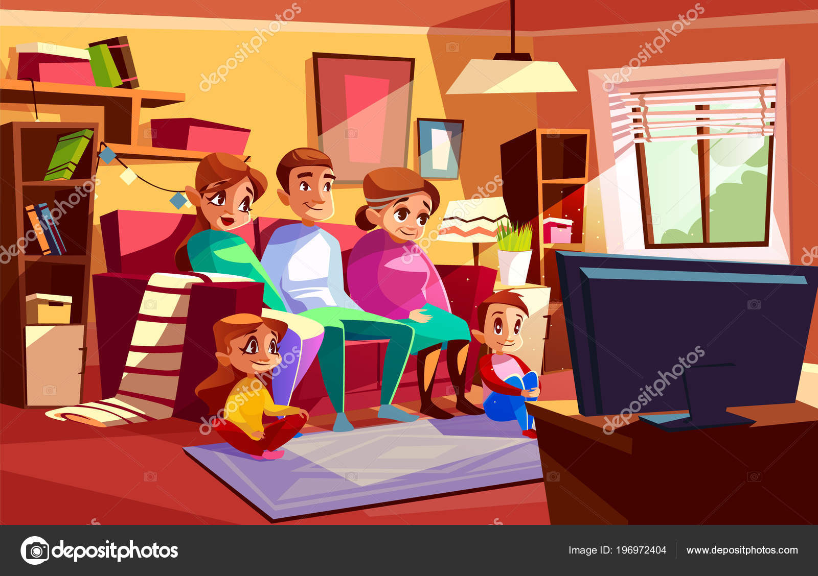 卡通儿童看电影或电视节目的后视图插画图片素材_ID:416859038-Veer图库